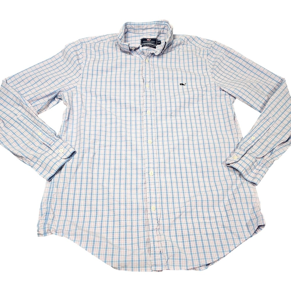 Vineyard Vines Button Down Shirt Mens M Blue Pink Plaid Tucker Preppy Coastal